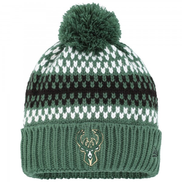 Шапка с помпоном Milwaukee Bucks New Era Girls Youth Cozy Cuffed Knit - Hunter Green