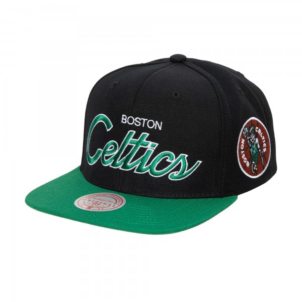 Boston Celtics Mitchell & Ness Black Hardwood Classics MVP Team Script 2.0 Snapback Hat