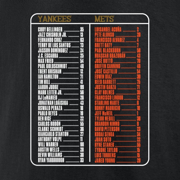 New York Yankees vs. New York Mets Fanatics Black 2025 Subway Series Roster T-Shirt