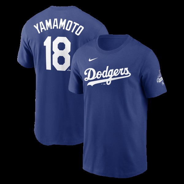 Los Angeles Dodgers Yoshinobu Yamamoto Nike Royal 2025 World Series Champions Name & Number T-Shirt