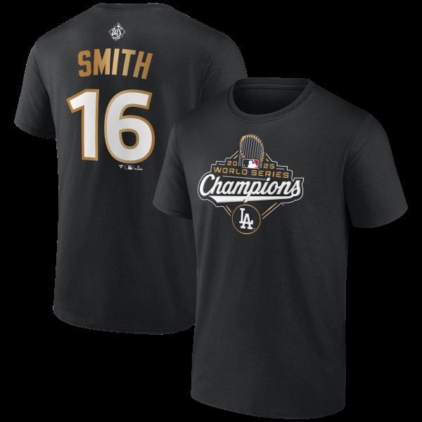 Los Angeles Dodgers Will Smith Fanatics Black 2025 World Series Champions Name & Number T-Shirt