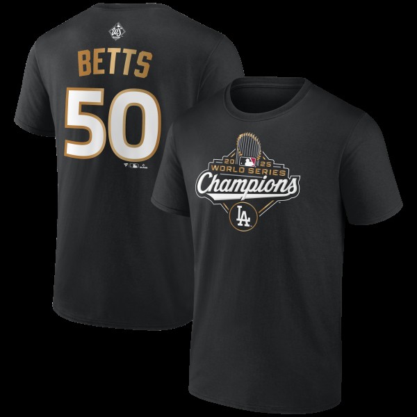 Los Angeles Dodgers Mookie Betts Fanatics Black 2025 World Series Champions Name & Number T-Shirt