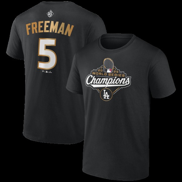 Los Angeles Dodgers Freddie Freeman Fanatics Black 2025 World Series Champions Name & Number T-Shirt