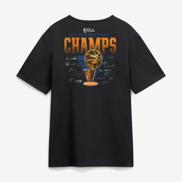 Футболка New York Knicks Fanatics Black 2026 NBA Finals Champions Roster Trophy