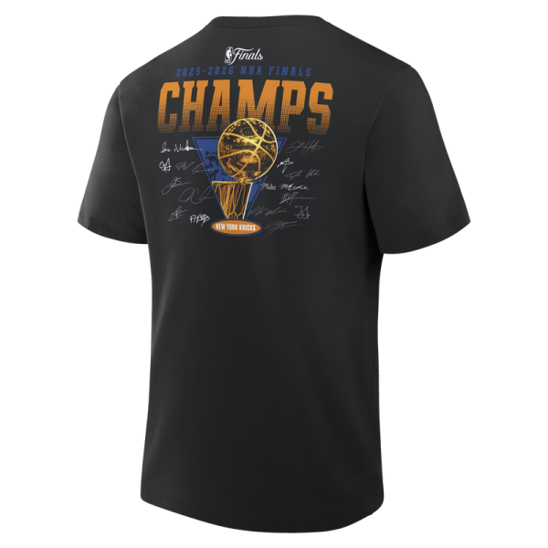 Футболка New York Knicks Fanatics Black 2026 NBA Finals Champions Roster Trophy