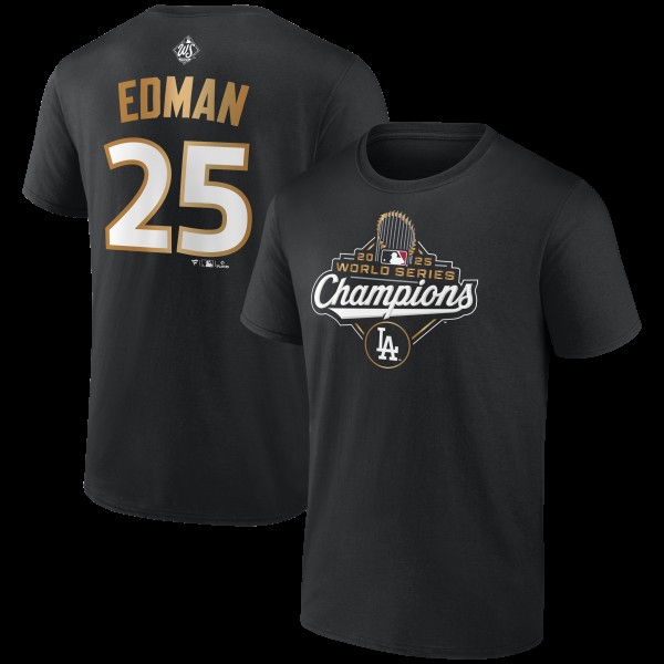 Los Angeles Dodgers Tommy Edman Fanatics Black 2025 World Series Champions Name & Number T-Shirt