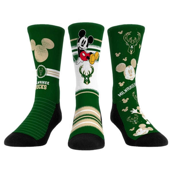 Три пары носков Mickey Mouse Milwaukee Bucks Rock Em Unisex Disney Crew - Hunter Green