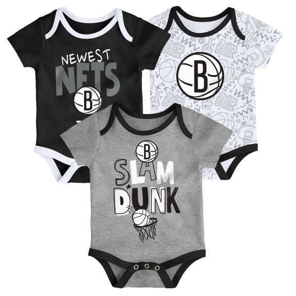 Малышам Brooklyn Nets Black/White/Gray Slam Dunk 3-Piece Bodysuit Set