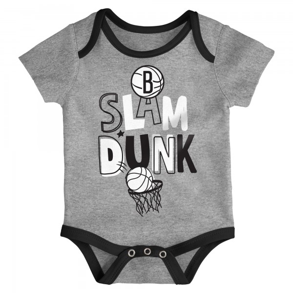 Малышам Brooklyn Nets Black/White/Gray Slam Dunk 3-Piece Bodysuit Set
