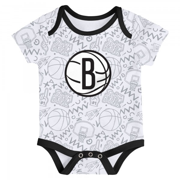 Малышам Brooklyn Nets Black/White/Gray Slam Dunk 3-Piece Bodysuit Set