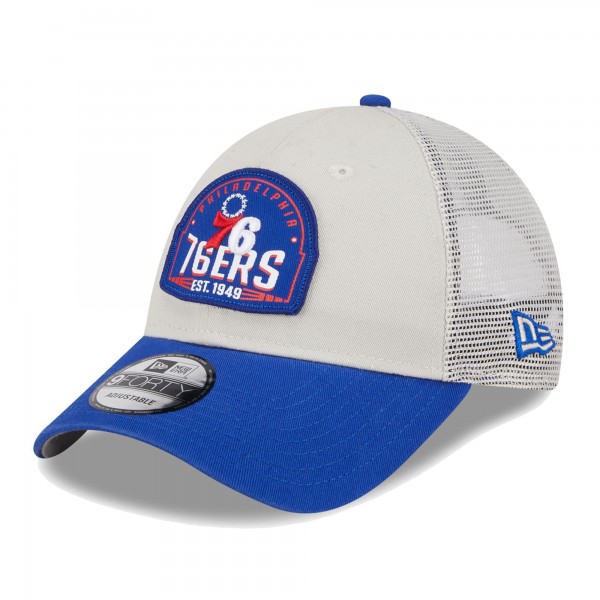 Бейсболка Philadelphia 76ers New Era Khaki/Royal Throwback Patch Trucker 9FORTY