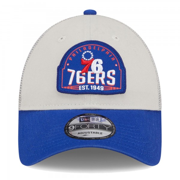 Бейсболка Philadelphia 76ers New Era Khaki/Royal Throwback Patch Trucker 9FORTY