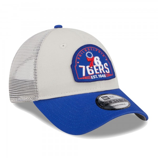 Бейсболка Philadelphia 76ers New Era Khaki/Royal Throwback Patch Trucker 9FORTY