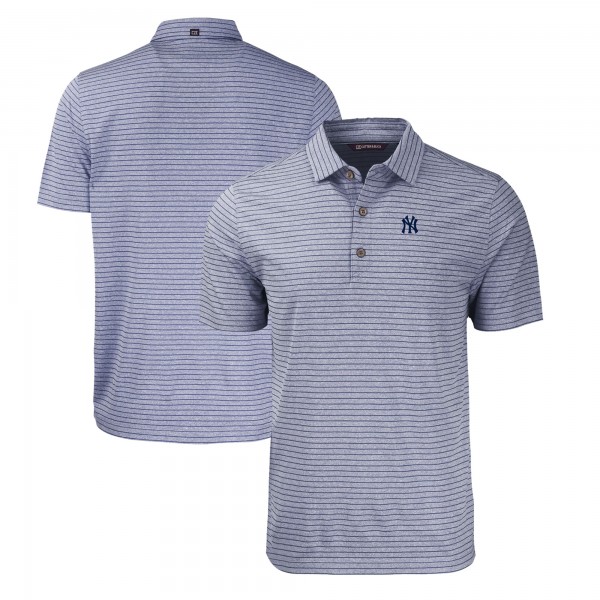 New York Yankees Cutter & Buck Heather Navy Forge Eco Heathered Stripe Stretch Recycled Polo