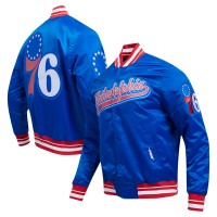 Philadelphia 76ers Pro Standard Royal Script Tail Full-Snap Satin Varsity Jacket