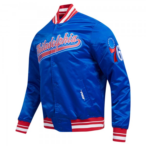 Philadelphia 76ers Pro Standard Royal Script Tail Full-Snap Satin Varsity Jacket