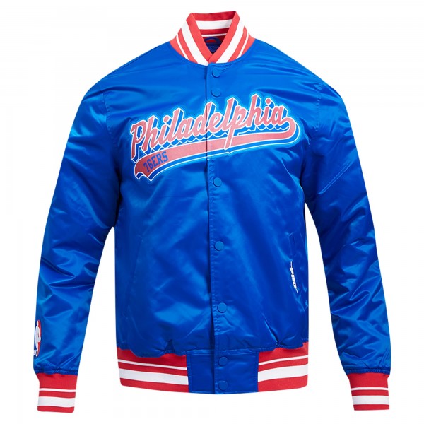 Philadelphia 76ers Pro Standard Royal Script Tail Full-Snap Satin Varsity Jacket