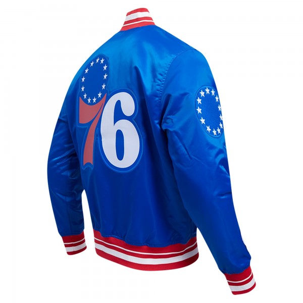 Philadelphia 76ers Pro Standard Royal Script Tail Full-Snap Satin Varsity Jacket