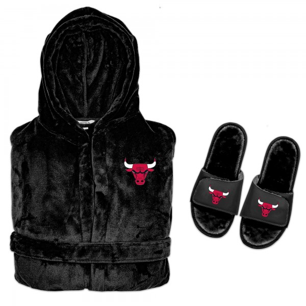 Chicago Bulls ISlide Black Hooded Phantom Robe & Fur Slide Bundle