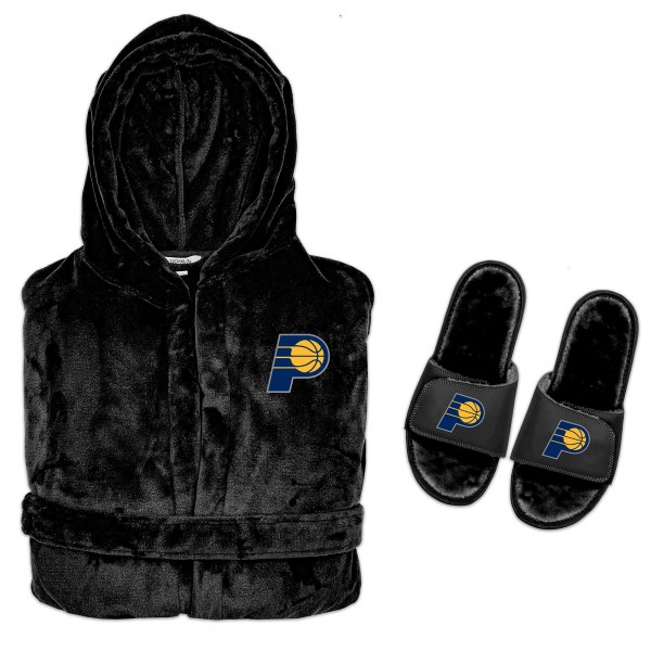 Indiana Pacers ISlide Black Hooded Phantom Robe & Fur Slide Bundle