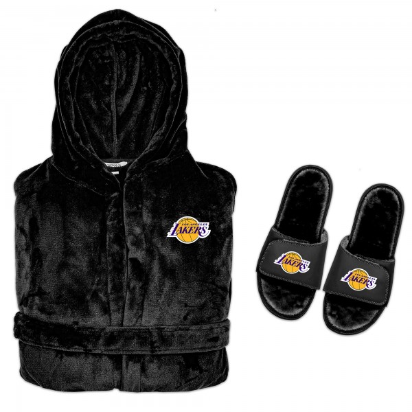 Los Angeles Lakers ISlide Hooded Phantom Robe & Fur Slide Bundle - Black