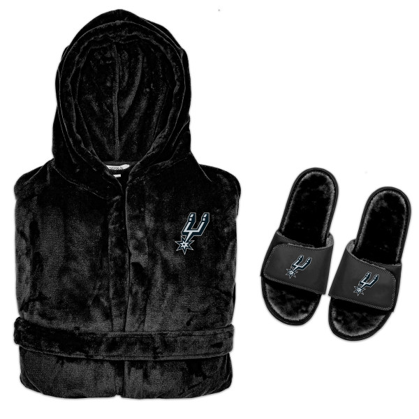San Antonio Spurs ISlide Black Hooded Phantom Robe & Fur Slide Bundle