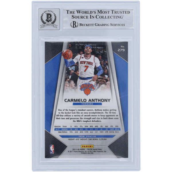 Карточка Carmelo Anthony New York Knicks Autographed 2017-18 Panini Prizm #279 Beckett Fanatics Witnessed Authenticated 9/10