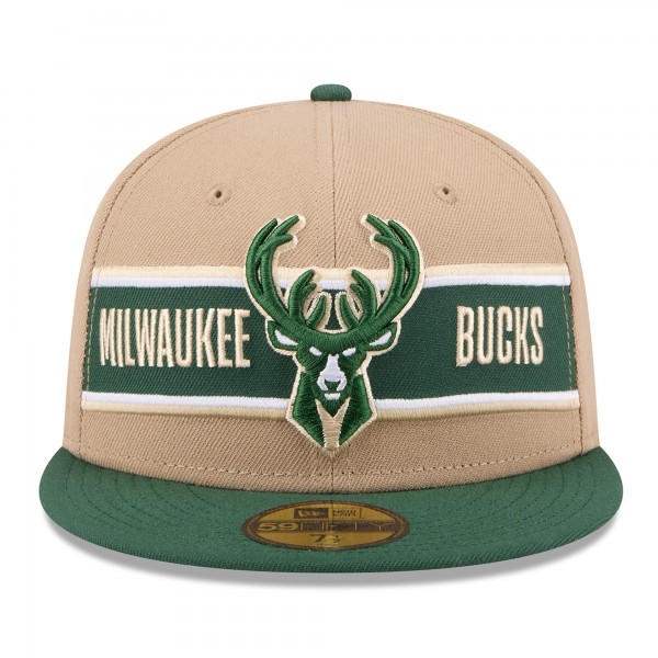 Бейсболка Milwaukee Bucks New Era Tan/Hunter Green 2024 NBA Draft 59FIFTY