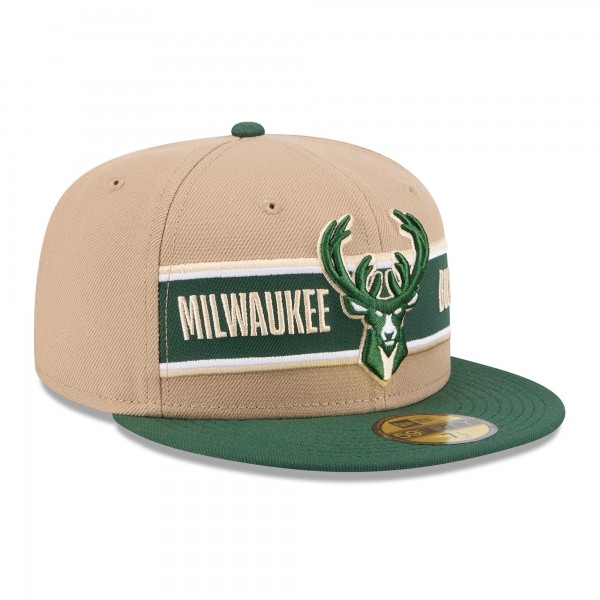 Бейсболка Milwaukee Bucks New Era Tan/Hunter Green 2024 NBA Draft 59FIFTY