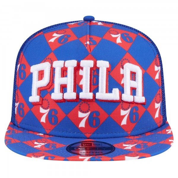 Бейсболка Philadelphia 76ers New Era Royal Seeing Diamonds A-Frame Trucker 9FIFTY Snapback