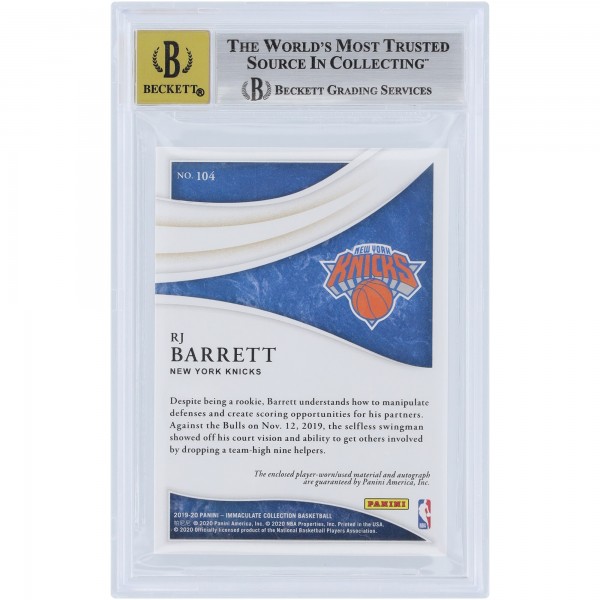 RJ Barrett New York Knicks Autographed 2019-20 Panini Immaculate Nike Swoosh Relic #104 #1/5 BGS Authenticated 8.5/10 Rookie Card