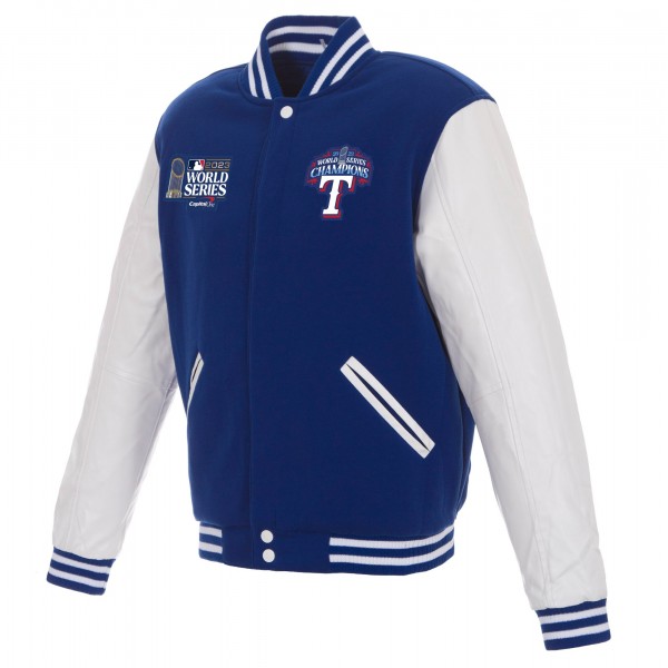 Куртка с кожаными рукавами Texas Rangers JH Design 2023 World Series Champions Fleece - Royal