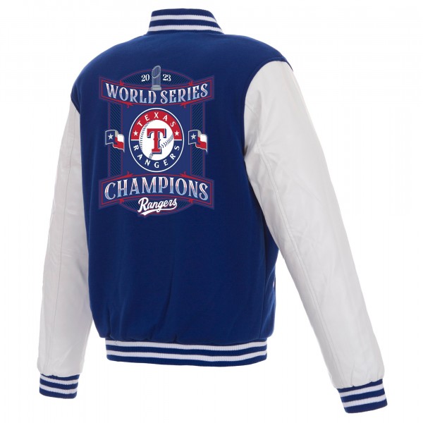 Куртка с кожаными рукавами Texas Rangers JH Design 2023 World Series Champions Fleece - Royal
