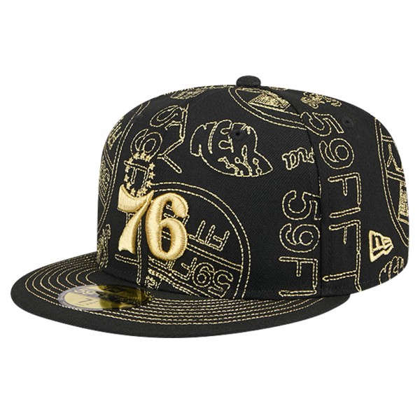 Бейсболка Philadelphia 76ers New Era Black 59FIFTY Day Allover Print Stencil