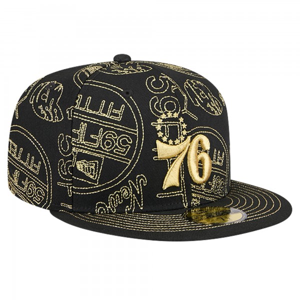 Бейсболка Philadelphia 76ers New Era Black 59FIFTY Day Allover Print Stencil
