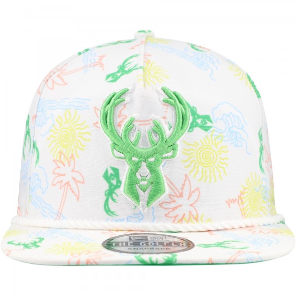 Бейсболка Milwaukee Bucks New Era White Palm Trees and Waves Golfer