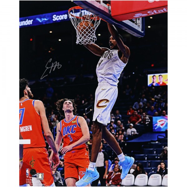 Evan Mobley Cleveland Cavaliers Autographed Fanatics Authentic 16 x 20 White Jersey Dunking vs. Oklahoma Thunder Photograph