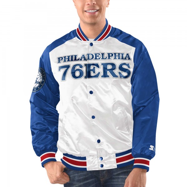 Philadelphia 76ers Starter White/Royal Renegade Satin Full-Snap Varsity Jacket