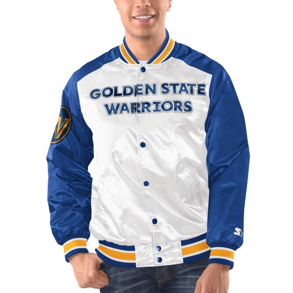 Golden State Warriors Starter White/Royal Renegade Satin Full-Snap Varsity Jacket