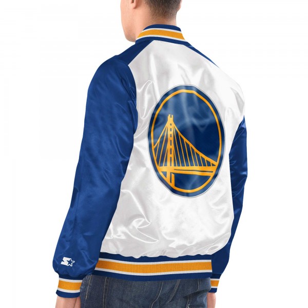 Golden State Warriors Starter White/Royal Renegade Satin Full-Snap Varsity Jacket