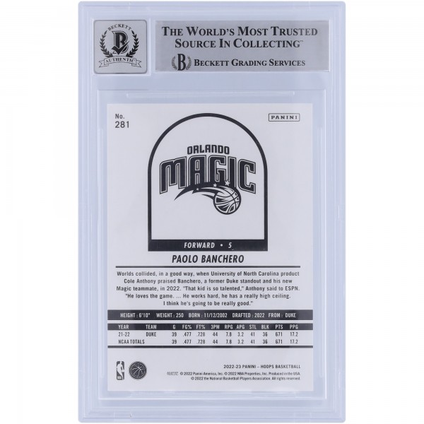 Paolo Banchero Orlando Magic Autographed 2022-23 Panini Hoops #281 Beckett Fanatics Witnessed Authenticated 9/10 Rookie Card