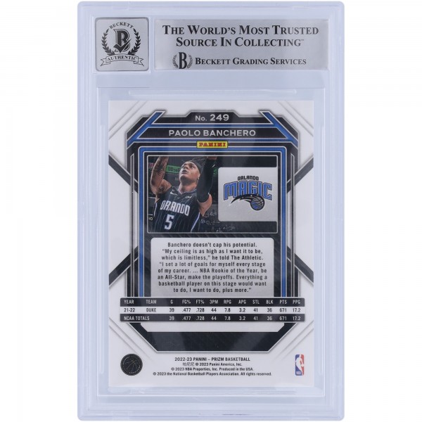 Paolo Banchero Orlando Magic Autographed 2022-23 Panini Prizm #249 Beckett Fanatics Witnessed Authenticated 9/10 Rookie Card