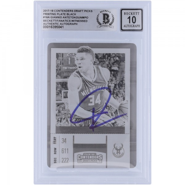 Giannis Antetokounmpo Milwaukee Bucks Autographed 2017-18 Panini Contenders Optic Draft Picks Black Printing Plate #18 #1/1 Beckett Fanatics Witnessed Authenticated 10 Card