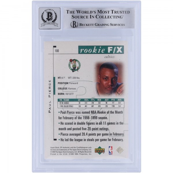 Paul Pierce Boston Celtics Autographed 1998-99 Upper Deck SP Authentic #100 #/3500 Beckett Fanatics Witnessed Authenticated 10 Rookie Card