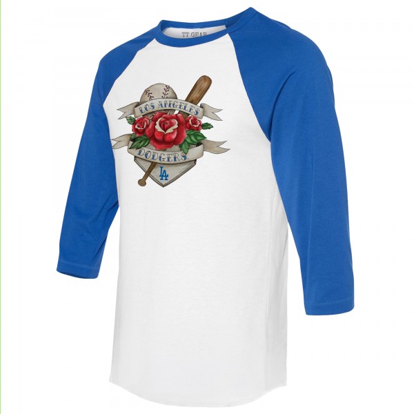 Unisex Los Angeles Dodgers Tiny Turnip White/Royal Tattoo Rose 3/4-Sleeve Raglan T-Shirt