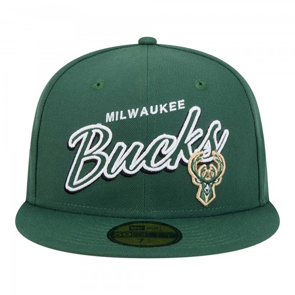 Бейсболка Milwaukee Bucks New Era Hunter Green Sport Night Script Sided 59FIFTY