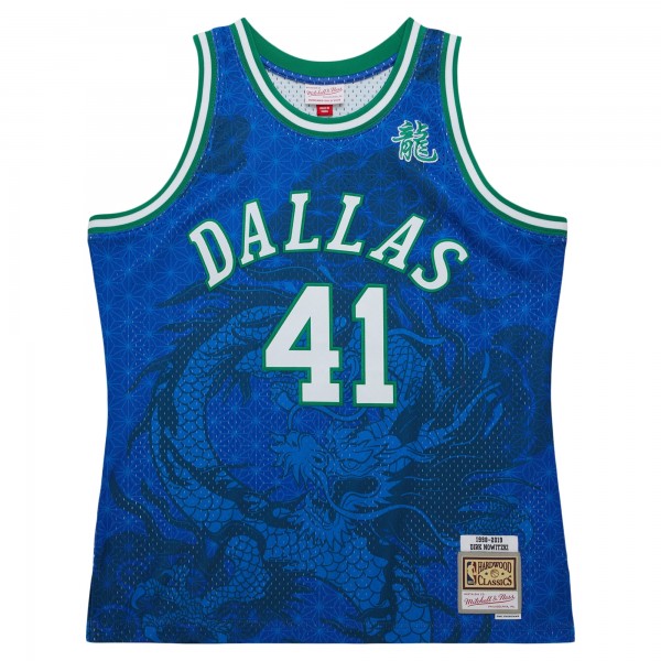Игровая джерси Dirk Nowitzki Dallas Mavericks Mitchell & Ness 1998-2019 Hardwood Classics Asian Heritage 6.0 Swingman Throwback Player - Blue