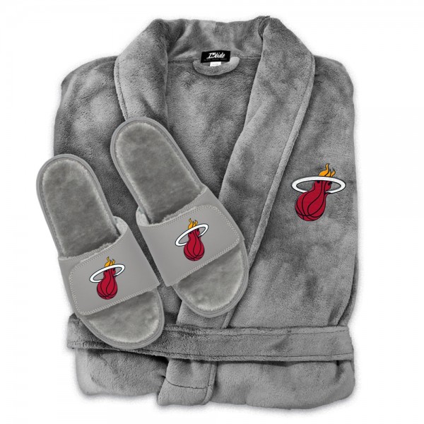 Unisex Miami Heat ISlide Gray Faux Fur Slide Sandals & Robe Bundle