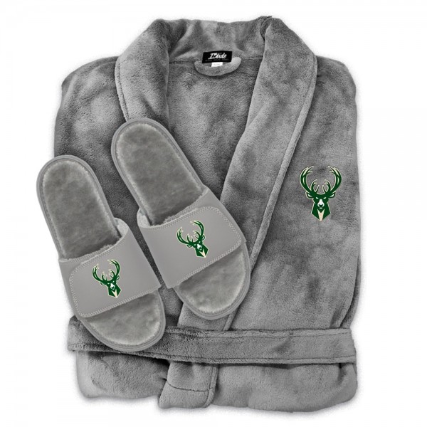 Unisex Milwaukee Bucks ISlide Gray Faux Fur Slide Sandals & Robe Bundle