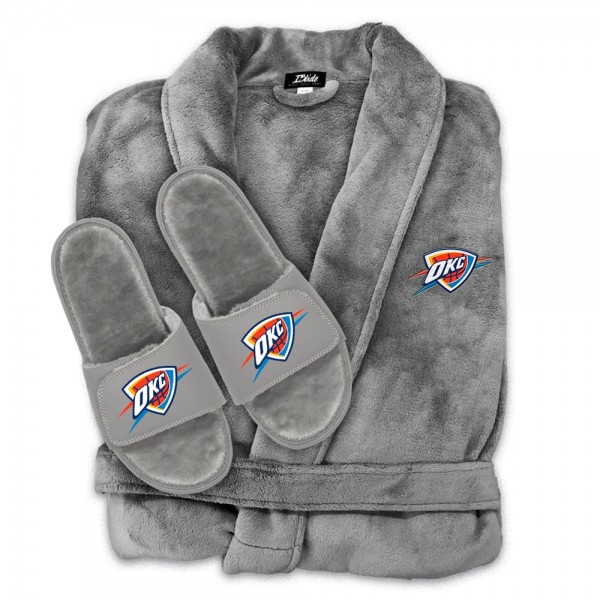 Unisex Oklahoma City Thunder ISlide Gray Faux Fur Slide Sandals & Robe Bundle